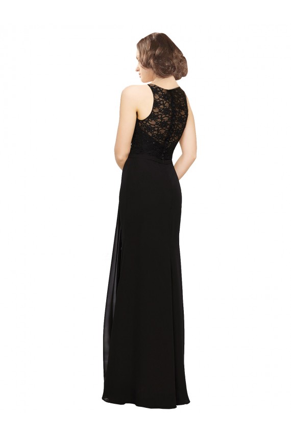 Online Negro Cubierta Cuello Alto Gasa Encaje Largo Vestidos de dama de honor
