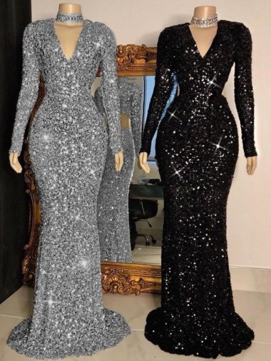 Online Negro Cubierta Cuello en V Barrer tren Lentejuelas Terciopelo Largo Vestidos de fiesta