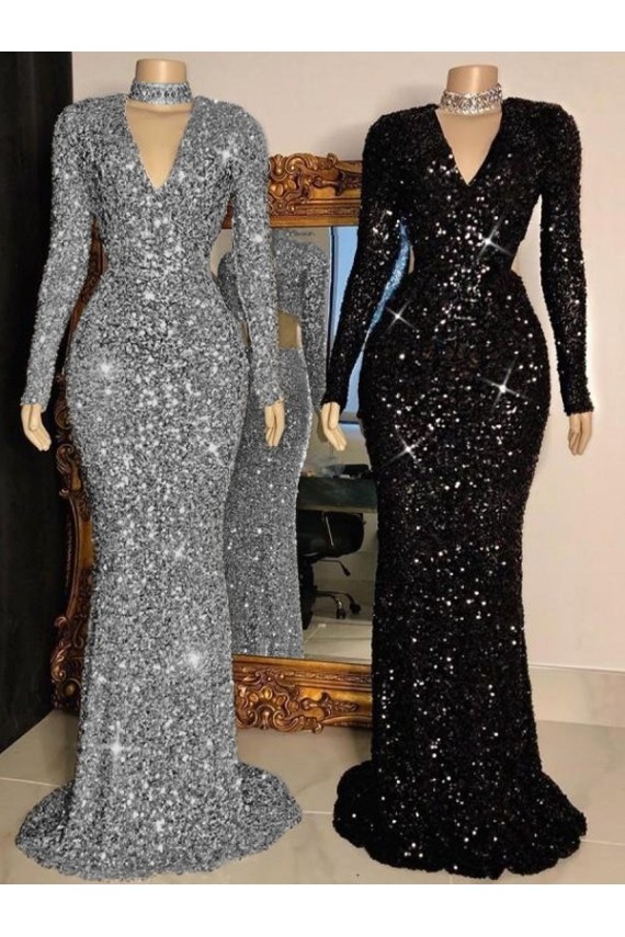 Online Negro Cubierta Cuello en V Barrer tren Lentejuelas Terciopelo Largo Vestidos de fiesta