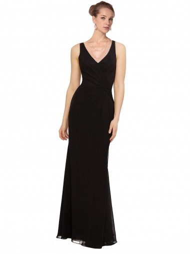Online Negro Cubierta Cuello en V Gasa Largo Vestidos de dama de honor