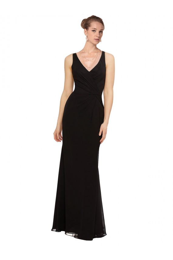Online Negro Cubierta Cuello en V Gasa Largo Vestidos de dama de honor