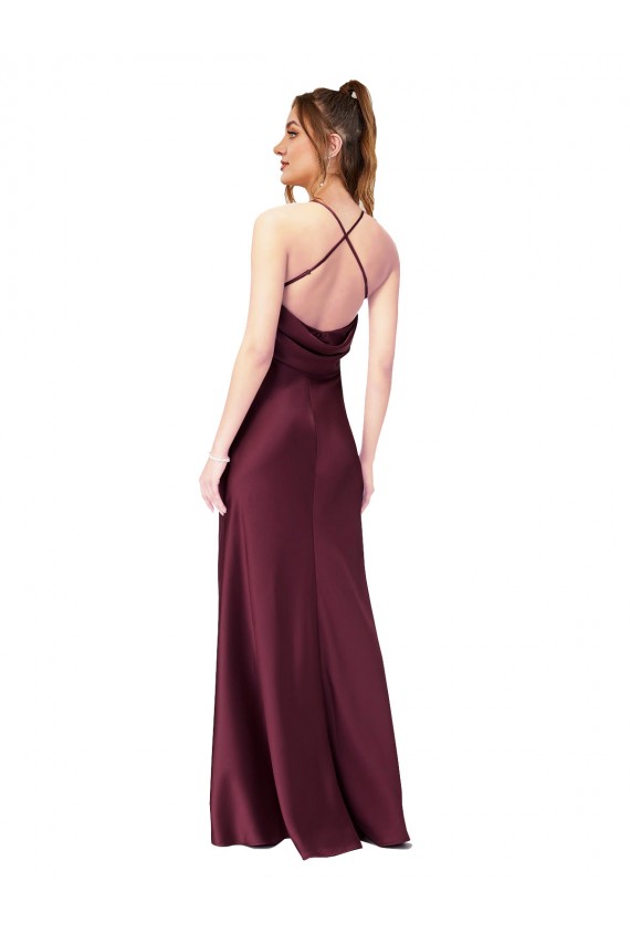 Online Negro Cubierta Cuello en V Satén sedoso Largo Formales Vestidos de dama de honor / Vestidos de fiesta