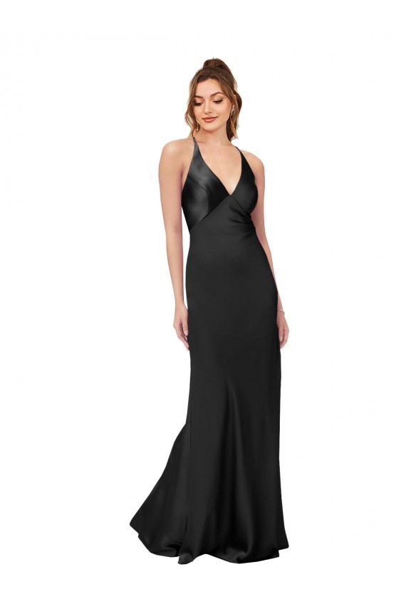 Online Negro Cubierta Cuello en V Satén sedoso Largo Formales Vestidos de dama de honor / Vestidos de fiesta