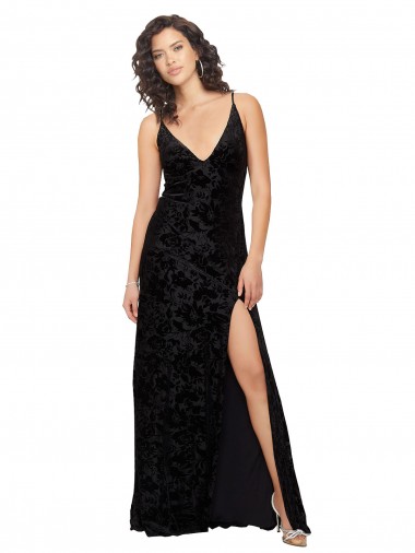 Online Negro Cubierta Cuello en V Terciopelo floral Terciopelo Elástico Largo Vestidos de dama de honor