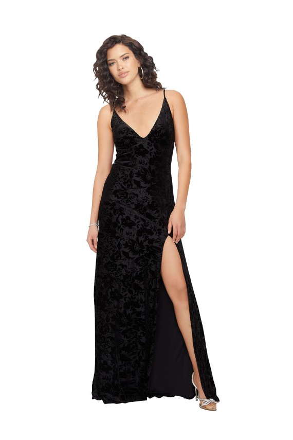 Online Negro Cubierta Cuello en V Terciopelo floral Terciopelo Elástico Largo Vestidos de dama de honor
