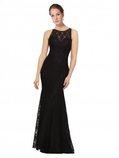 Online Negro Cubierta Cuello joya Encaje Largo Vestidos de dama de honor