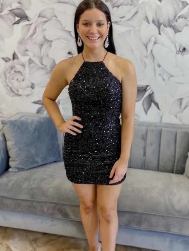 Online Negro Cubierta Halter Corto Lentejuelas Terciopelo Corto Vestidos de fiesta