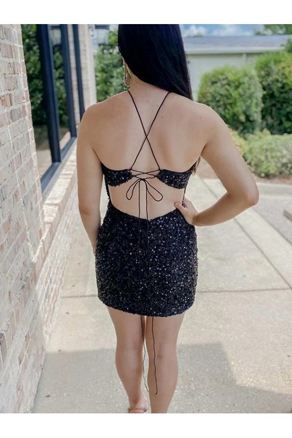 Online Negro Cubierta Halter Corto Lentejuelas Terciopelo Corto Vestidos de fiesta