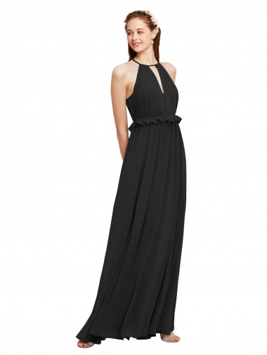 Online Negro Cubierta Halter Gasa Largo Vestidos de dama de honor