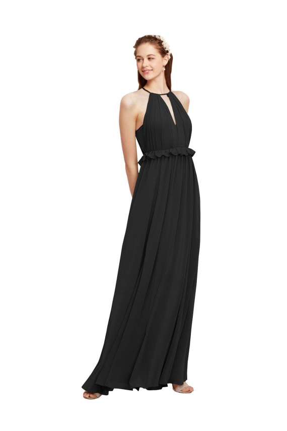 Online Negro Cubierta Halter Gasa Largo Vestidos de dama de honor