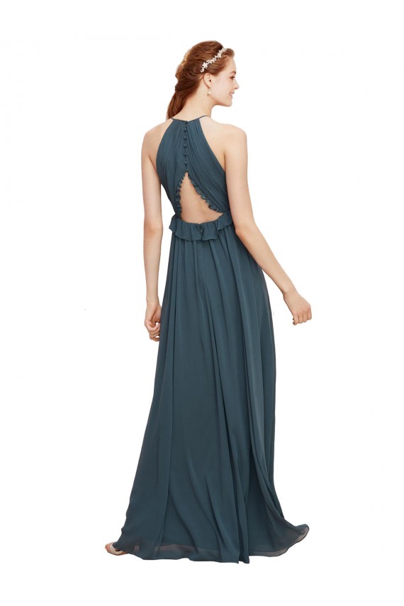 Online Negro Cubierta Halter Gasa Largo Vestidos de dama de honor