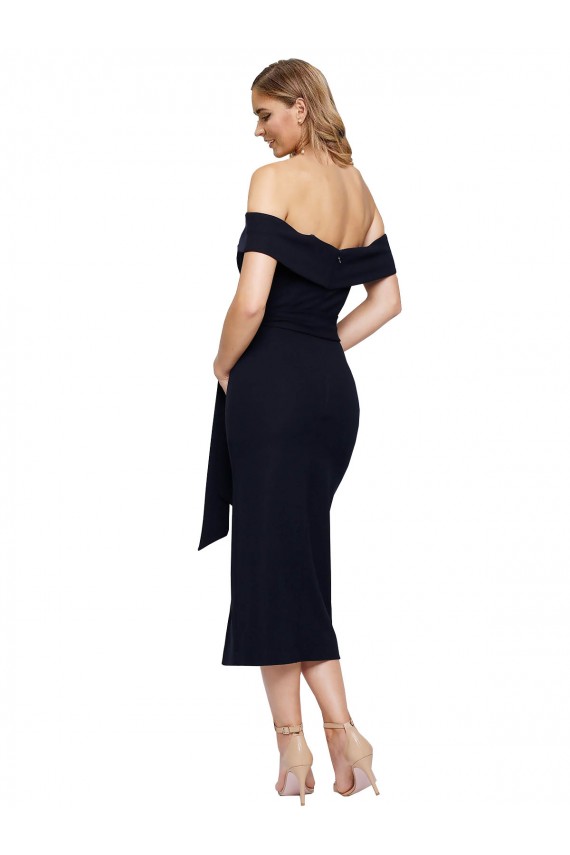 Online Negro Cubierta Hombros Descubiertos Cuadrado Midi Crepé Elástico Corto Formales Vestidos de dama de honor / Vestidos de fiesta / Vestidos de cóctel