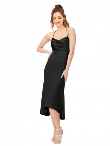 Online Negro Cubierta Midi Satén sedoso Corto Asimétrico Formales Vestidos de dama de honor / Vestidos de fiesta / Vestidos de cóctel
