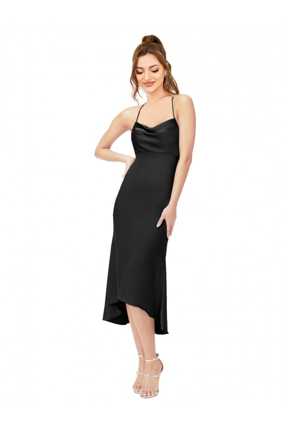 Online Negro Cubierta Midi Satén sedoso Corto Asimétrico Formales Vestidos de dama de honor / Vestidos de fiesta / Vestidos de cóctel