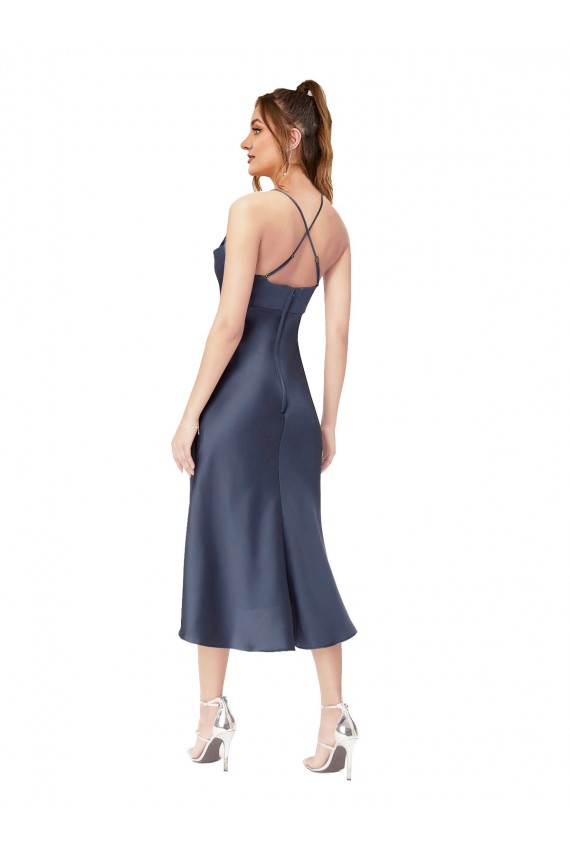Online Negro Cubierta Midi Satén sedoso Corto Asimétrico Formales Vestidos de dama de honor / Vestidos de fiesta / Vestidos de cóctel
