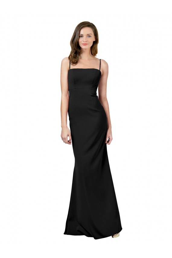 Online Negro Cubierta Tirantes espagueti Cuadrado Crepé Elástico Largo Formales Vestidos de dama de honor / Vestidos de fiesta