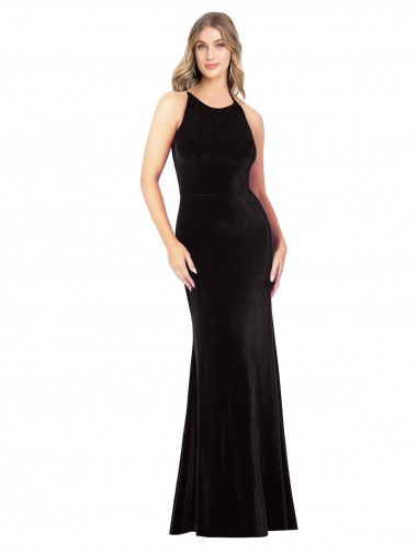 Online Negro Cubierta Tirantes espagueti Cuello joya Terciopelo Elástico Largo Formales Vestidos de dama de honor / Vestidos de fiesta