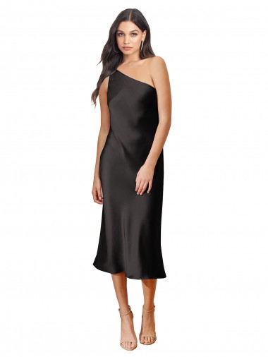Online Negro Cubierta Un Hombre Midi Satén elástico Corto Formales Vestidos de dama de honor / Vestidos de fiesta / Vestidos de cóctel