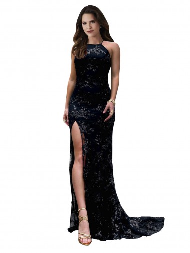 Online Negro Sirena Cuello Alto Encaje Largo Formales Vestidos de dama de honor / Vestidos de fiesta
