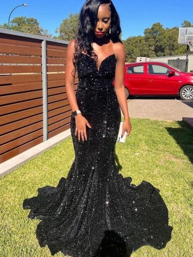 Online Negro Sirena Cuello de Corazón Lentejuelas Terciopelo Largo Vestidos de fiesta