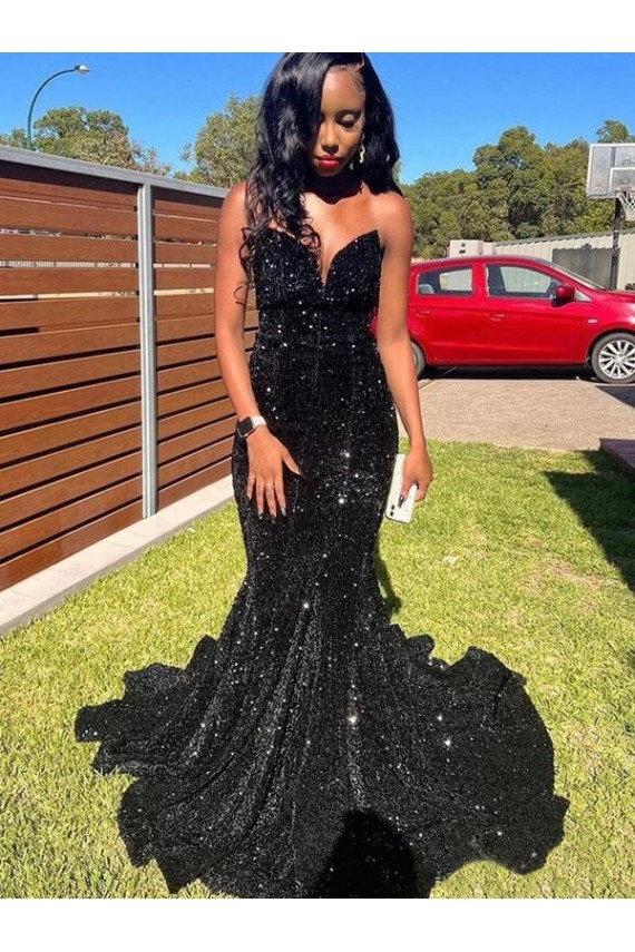 Online Negro Sirena Cuello de Corazón Lentejuelas Terciopelo Largo Vestidos de fiesta