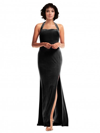 Online Negro Sirena Halter Terciopelo Elástico Largo Formales Vestidos de dama de honor / Vestidos de fiesta