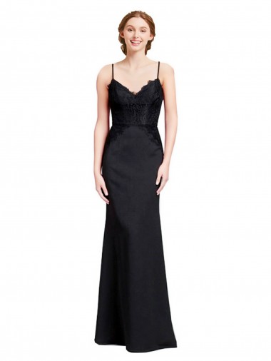 Online Negro Sirena Tirantes espagueti Cuello en V Crepé Elástico Largo Vestidos de dama de honor / Vestidos de fiesta
