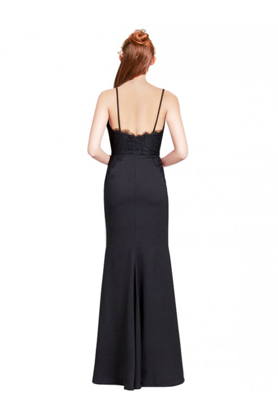 Online Negro Sirena Tirantes espagueti Cuello en V Crepé Elástico Largo Vestidos de dama de honor / Vestidos de fiesta