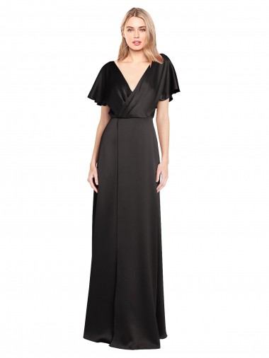 Online Negro línea A Cuello en V Satén elástico Largo Formales Vestidos de dama de honor / Vestidos de fiesta