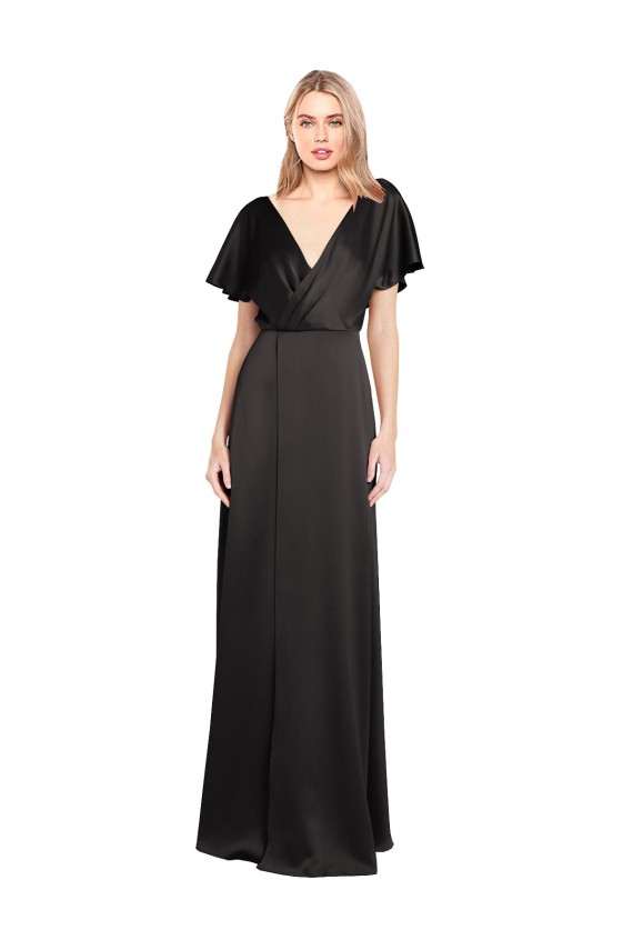 Online Negro línea A Cuello en V Satén elástico Largo Formales Vestidos de dama de honor / Vestidos de fiesta