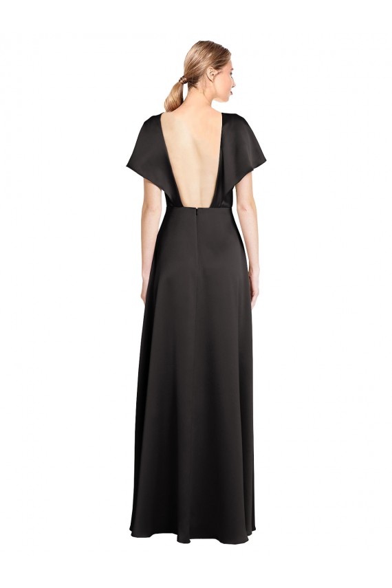 Online Negro línea A Cuello en V Satén elástico Largo Formales Vestidos de dama de honor / Vestidos de fiesta