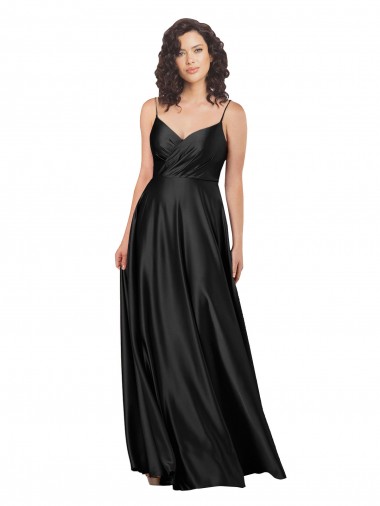 Online Negro línea A Cuello en V Satén sedoso Largo Formales Vestidos de dama de honor / Vestidos de fiesta