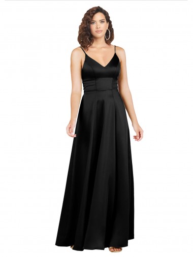 Online Negro línea A Cuello en V Satén sedoso Largo Formales Vestidos de dama de honor / Vestidos de fiesta