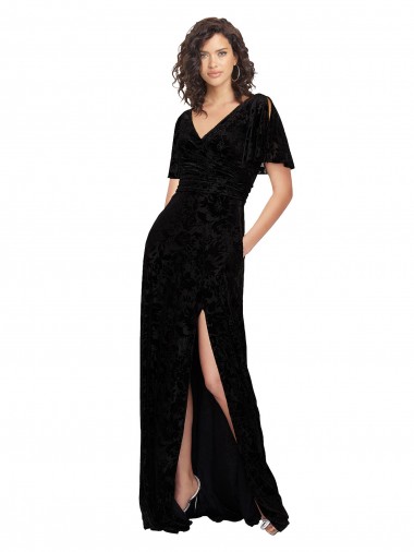 Online Negro línea A Cuello en V Terciopelo floral Terciopelo Elástico Largo Vestidos de dama de honor