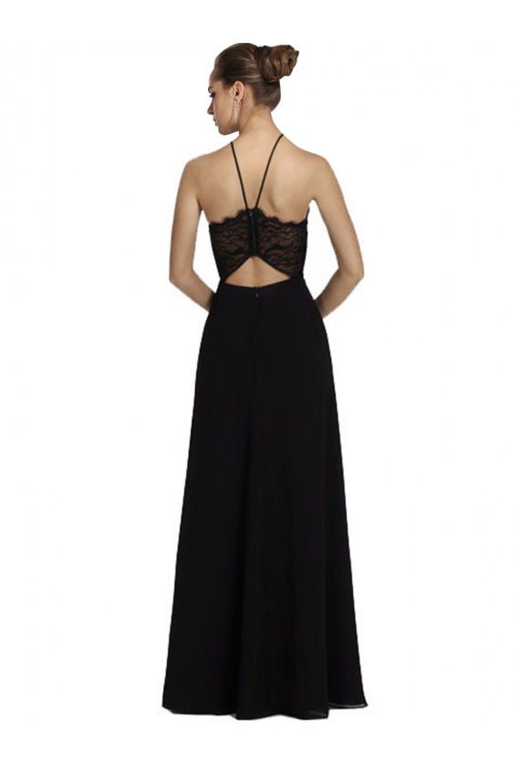 Online Negro línea A Halter Gasa Encaje Largo Vestidos de dama de honor