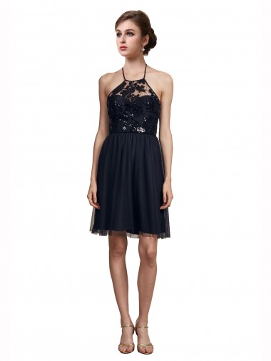 Online Negro línea A Halter Tul Corto Vestidos de dama de honor