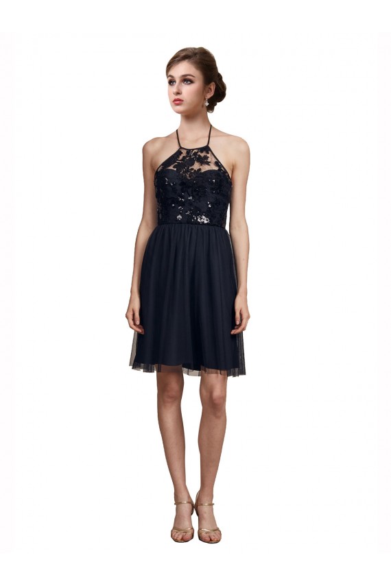 Online Negro línea A Halter Tul Corto Vestidos de dama de honor