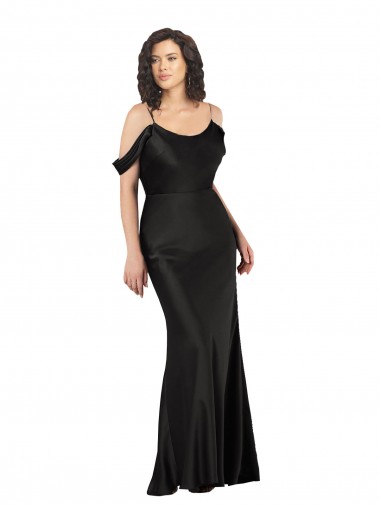 Online Negro línea A Hombros Descubiertos Satén sedoso Largo Formales Vestidos de dama de honor / Vestidos de fiesta