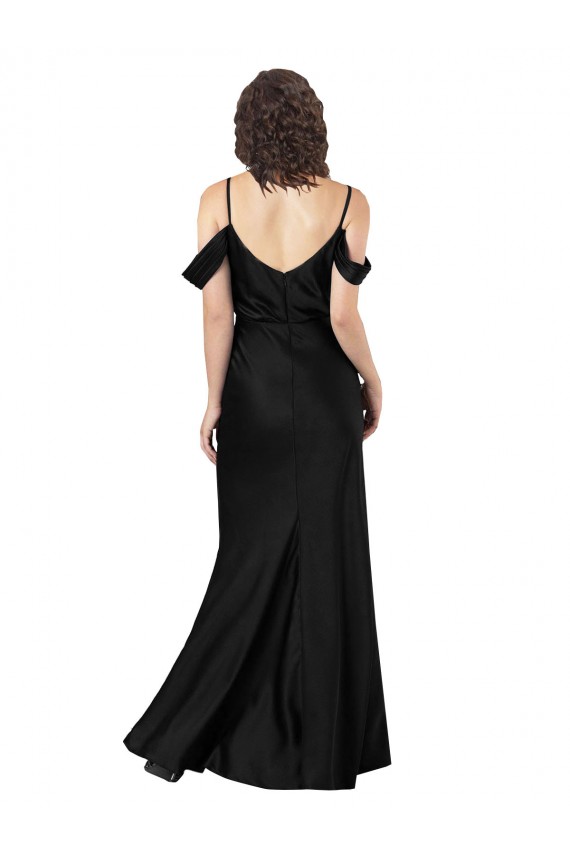 Online Negro línea A Hombros Descubiertos Satén sedoso Largo Formales Vestidos de dama de honor / Vestidos de fiesta