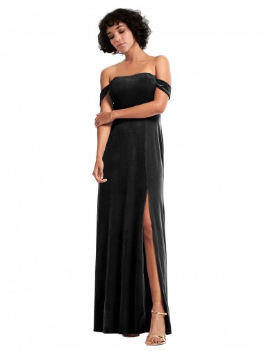 Online Negro línea A Hombros Descubiertos Sin tirantes Terciopelo Elástico Largo Formales Vestidos de dama de honor / Vestidos de fiesta