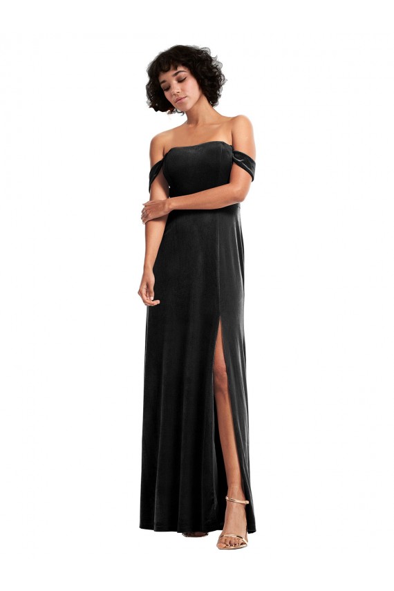 Online Negro línea A Hombros Descubiertos Sin tirantes Terciopelo Elástico Largo Formales Vestidos de dama de honor / Vestidos de fiesta