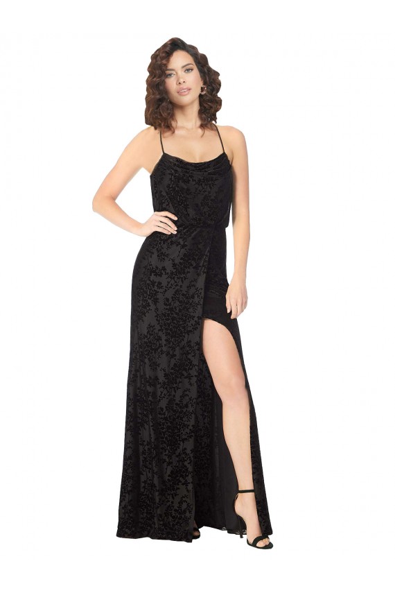 Online Negro línea A Tirantes espagueti Terciopelo floral Terciopelo Elástico Largo Vestidos de dama de honor