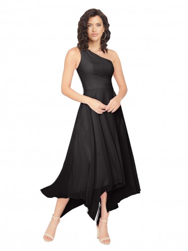 Online Negro línea A Un Hombre Sin tirantes Midi Gasa Corto Asimétrico Vestidos de dama de honor / Vestidos de cóctel / Vestidos para homecoming