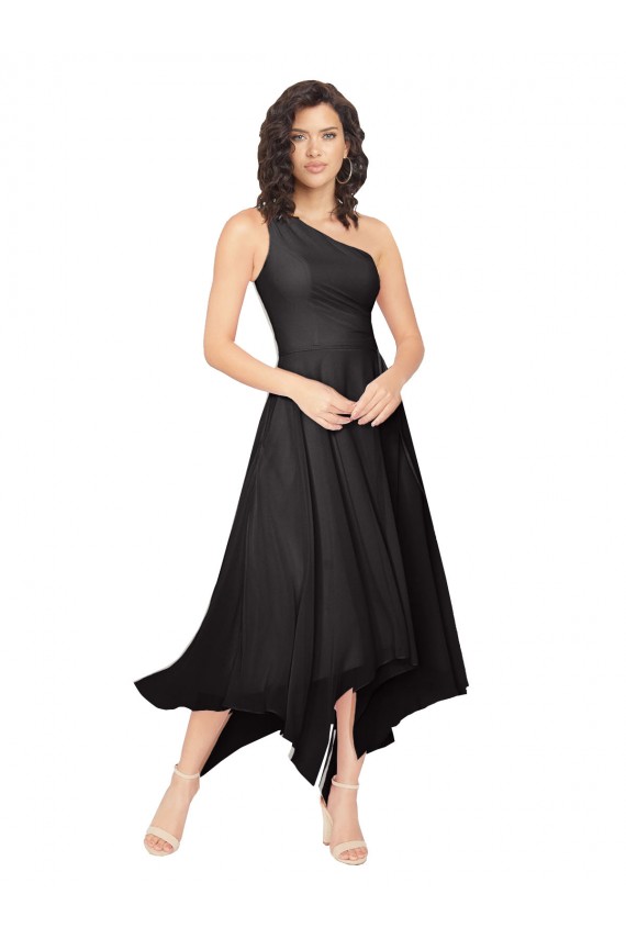 Online Negro línea A Un Hombre Sin tirantes Midi Gasa Corto Asimétrico Vestidos de dama de honor / Vestidos de cóctel / Vestidos para homecoming