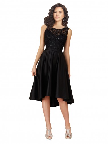 Online Negro línea A Ilusión Midi Satén Encaje Corto Asimétrico Vestidos de dama de honor / Vestidos de cóctel / Vestidos para homecoming