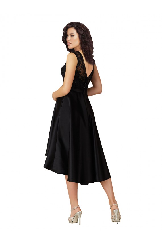 Online Negro línea A Ilusión Midi Satén Encaje Corto Asimétrico Vestidos de dama de honor / Vestidos de cóctel / Vestidos para homecoming