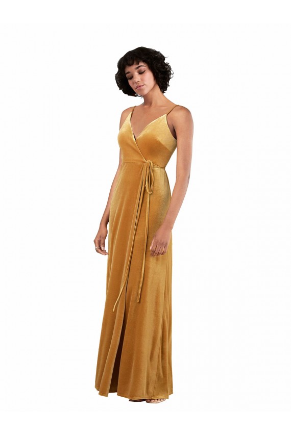 Online Oro Columna Cuello en V Terciopelo Elástico Largo Formales Vestidos de dama de honor / Vestidos de fiesta