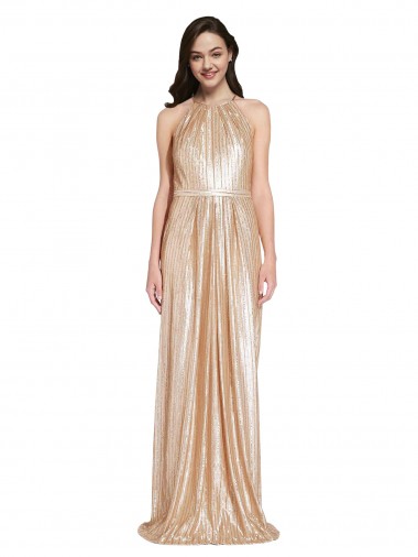 Online Oro Cubierta Halter Cuello Alto Lentejuela Largo Formales Vestidos de dama de honor / Vestidos de fiesta