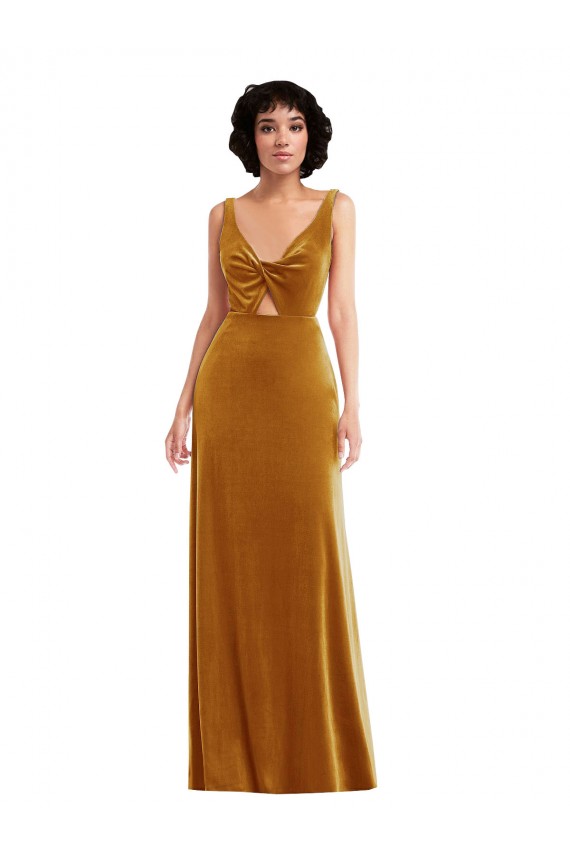 Online Oro Trompeta Cuello en V Terciopelo Elástico Largo Vestidos de dama de honor / Vestidos de fiesta
