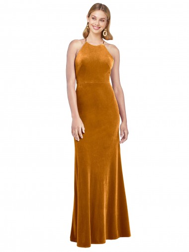 Online Oro línea A Halter Cuello Alto Terciopelo Elástico Largo Formales Vestidos de dama de honor / Vestidos de fiesta